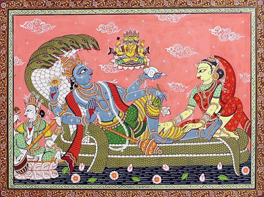Ancient chitrakaari styled image of Lord Vishnu, with Goddess Lakshmi, in the Ksheer Sagar.